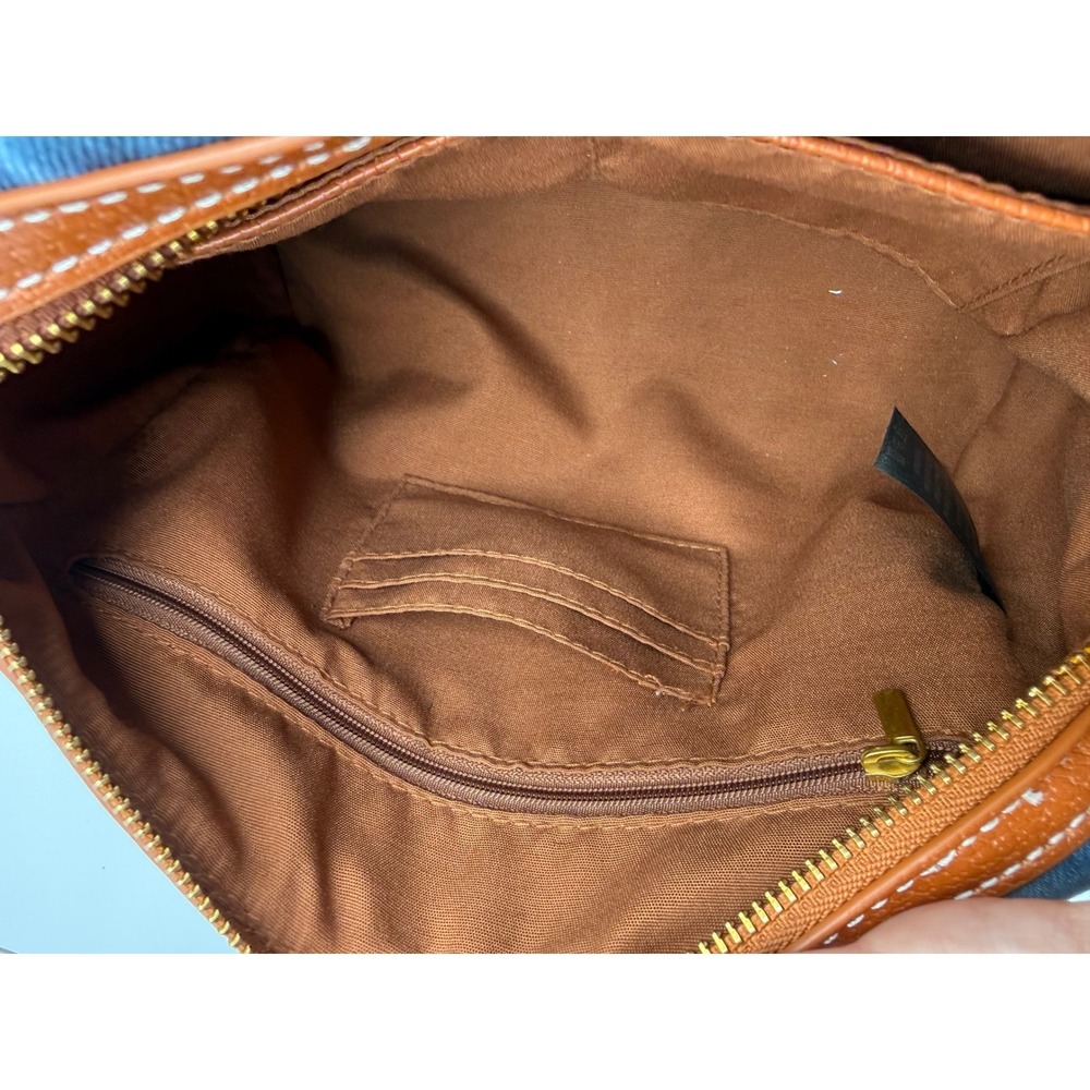 Angel Kiss Satchel Handbag Blue Tie Dye Denim Print Cognac Brown Trim Gold Tone - Picture 8 of 13